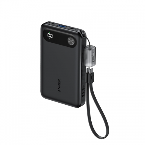 Anker Power Bank, 10,000mAh Portable Charger with Built-in USB-C Cable and Lanyard, 22.5W Max Output with 2 USB-C and 1 USB-A Port, Battery Pack for iPhone 15/14, Galaxy S23, iPad, AirPods, and More (A1257H11)